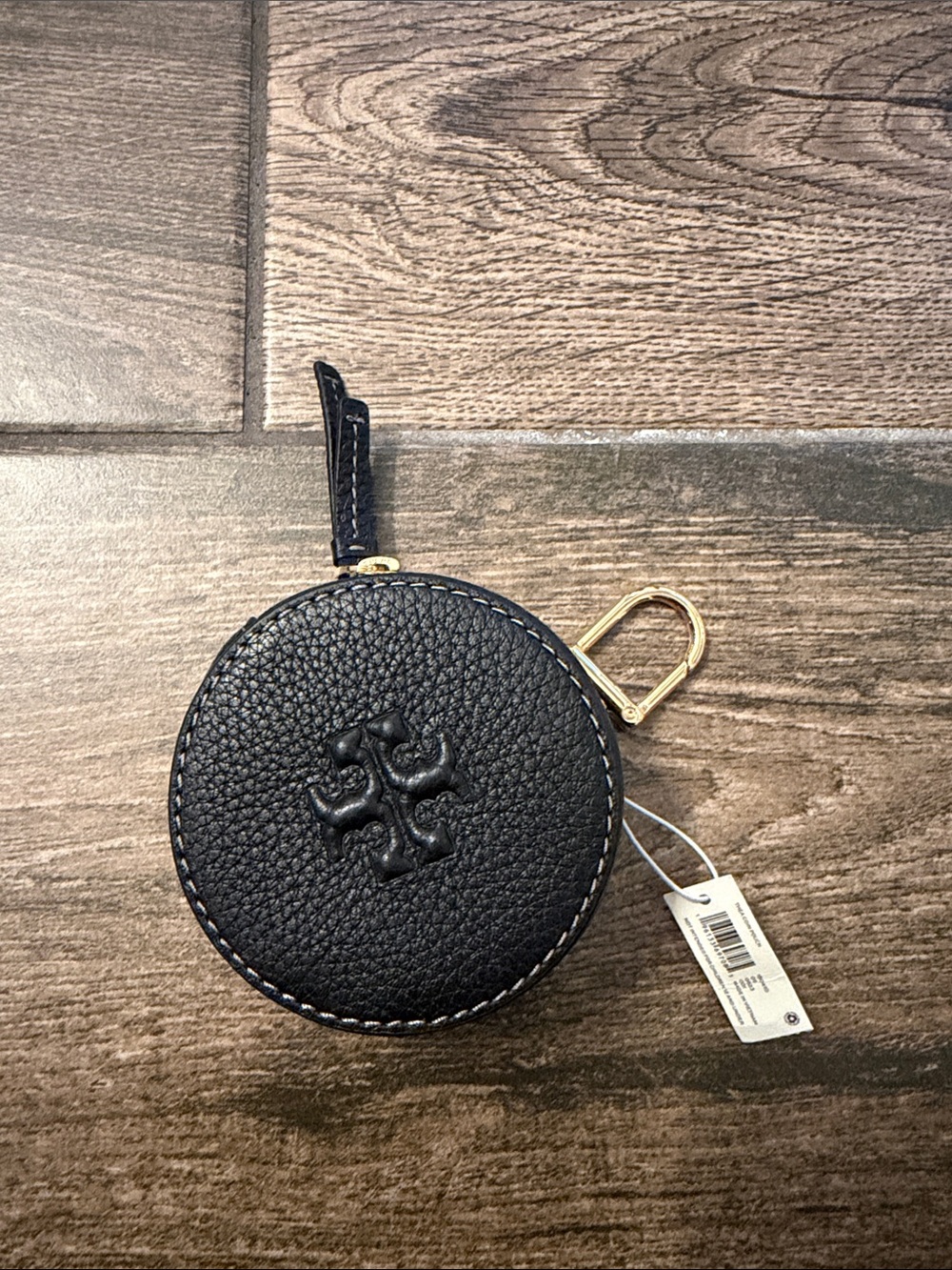 Tory Burch Black Pebbled Leather Round Coin Case with Gold Clip